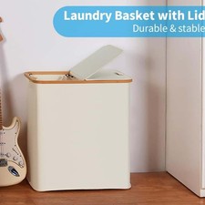 Large Double Laundry Basket Laundry Storage with Lid 2 Compartments 2 Bags Beige