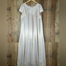 Vintage Natori Satin Large Prairie Nightgown Floral Applique Romantic Sleepwear