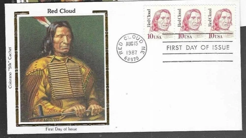 AMERICAN INDIAN OGALA SIOUX LEADER RED CLOUD 1987 COLORANO SILK CACHET FDC UNADD