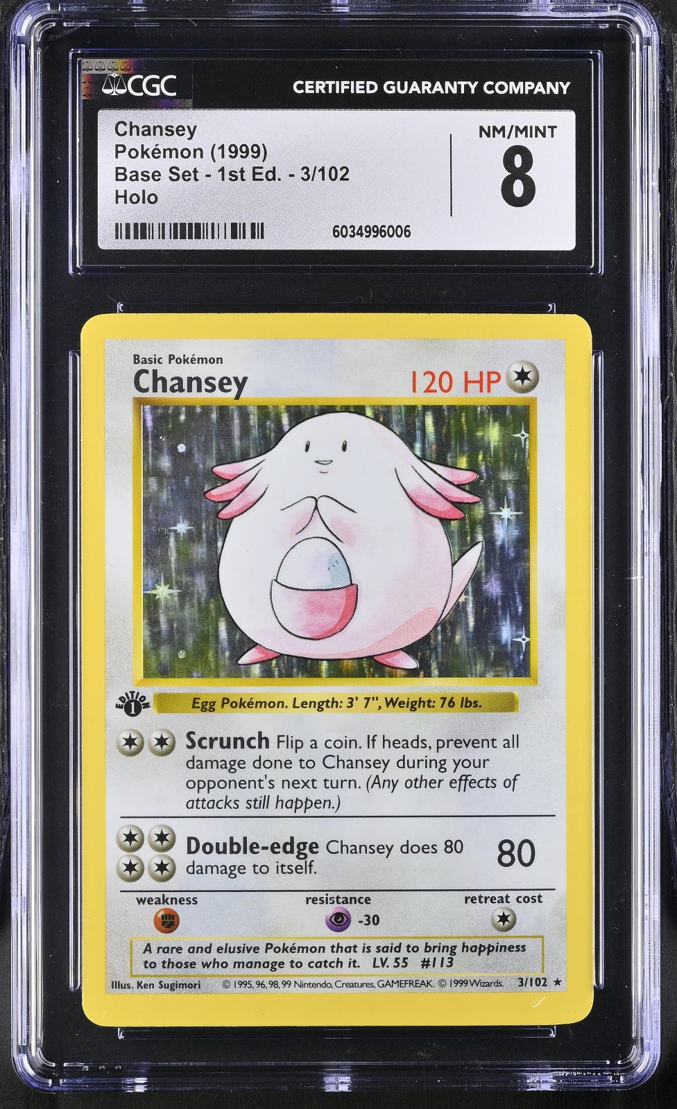 POKEMON (1999) CGC 8 Chansey 3/102 Base Set Shadowless 1st Edition Holo