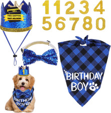 Dog Birthday Decorations Hat with 0-8 Numbers Bandana Bow Tie Pet Costume Outfit