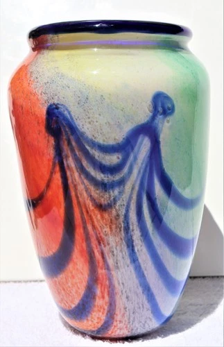 large Murano Style Studio Art Glass Vase Mid-Century Retro 1980s red, blue green