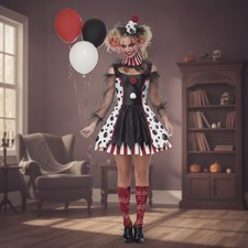 Unique Women  s Creepy Clown Costume in Black/White/Red - Perfect for Halloween