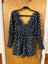 ASOS Women's Black & Blue Floral Print Long Sleeve Plunging V-Neck Romper 8