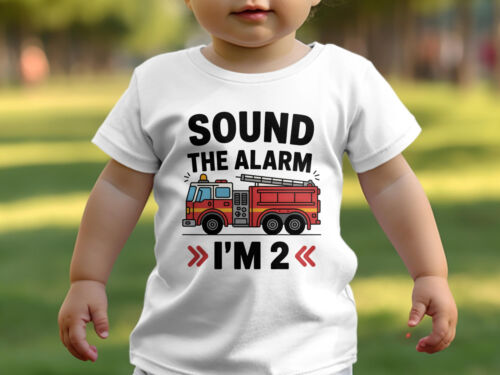 Boys 2nd Birthday T Shirt Sound The Alarm Firetruck Shirt White Tee for Second - Picture 5 of 5