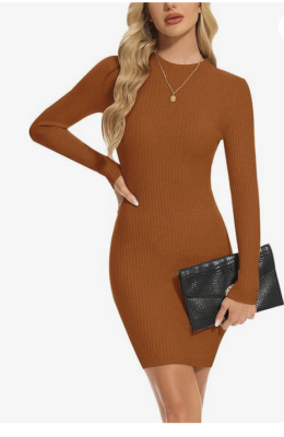 Dress Sweater Caramel Long Sleeve Ribbed Stretch Bodycon Women's L By CFLHN  New | eBay