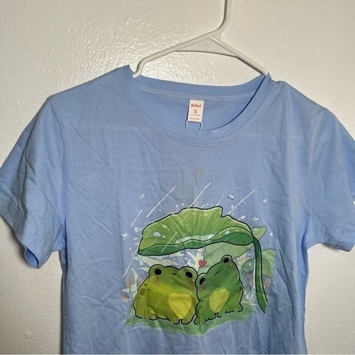 ROMWE x Beereckless Women’s Size Small T-Shirt Cartoon Frog Graphic Tee Blue - Picture 4 of 9