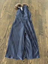 Janie and Jack Faux fur collar velvet Blue jumpsuit size 12 NWT