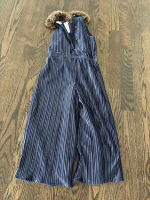 Janie and Jack Faux fur collar velvet Blue jumpsuit size 12 NWT