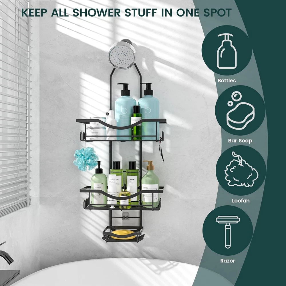 Adjustable Rustproof Extended Shower Caddy with Hanging Hook