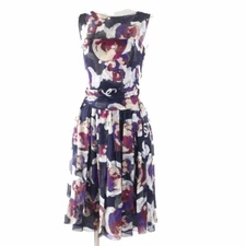 CHANEL 100% Silk Coco Mark Camellia Partially See-Through Chiffon Dress Multi 34