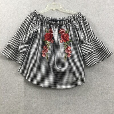 Moa Moa Top Women s  Medium Black White Gingham Floral Embroidery Bell Sleeve