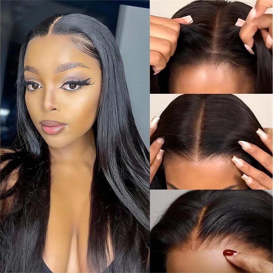 Perruque cheveux humains sans colle pour femme noire noire naturelle 22 pouces