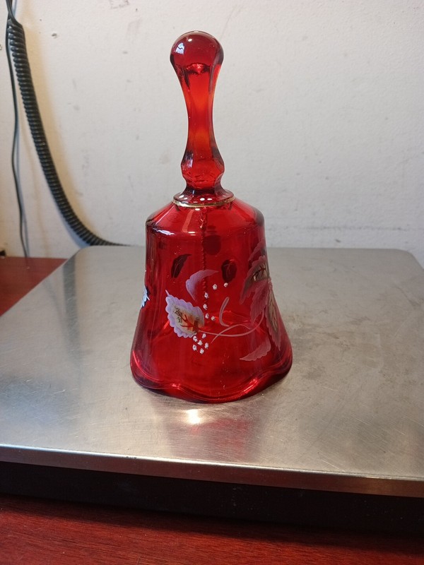 Rare Vtg Fenton Red Cranberry Glass Gold Leaf Bell Signed #1030