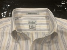LL Bean Mens Wrinkle Resistant 15-33 White With Blue/ Yellow Stripe Dress Shirt