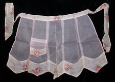 Vintage 50s Sheer Light Pink Organdy  Cotton Lawn Roses Tea Hostess Half Apron