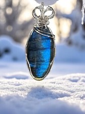Labradorite Wire Wrapped Pendant Flashy Blue Stone in Sterling Silver
