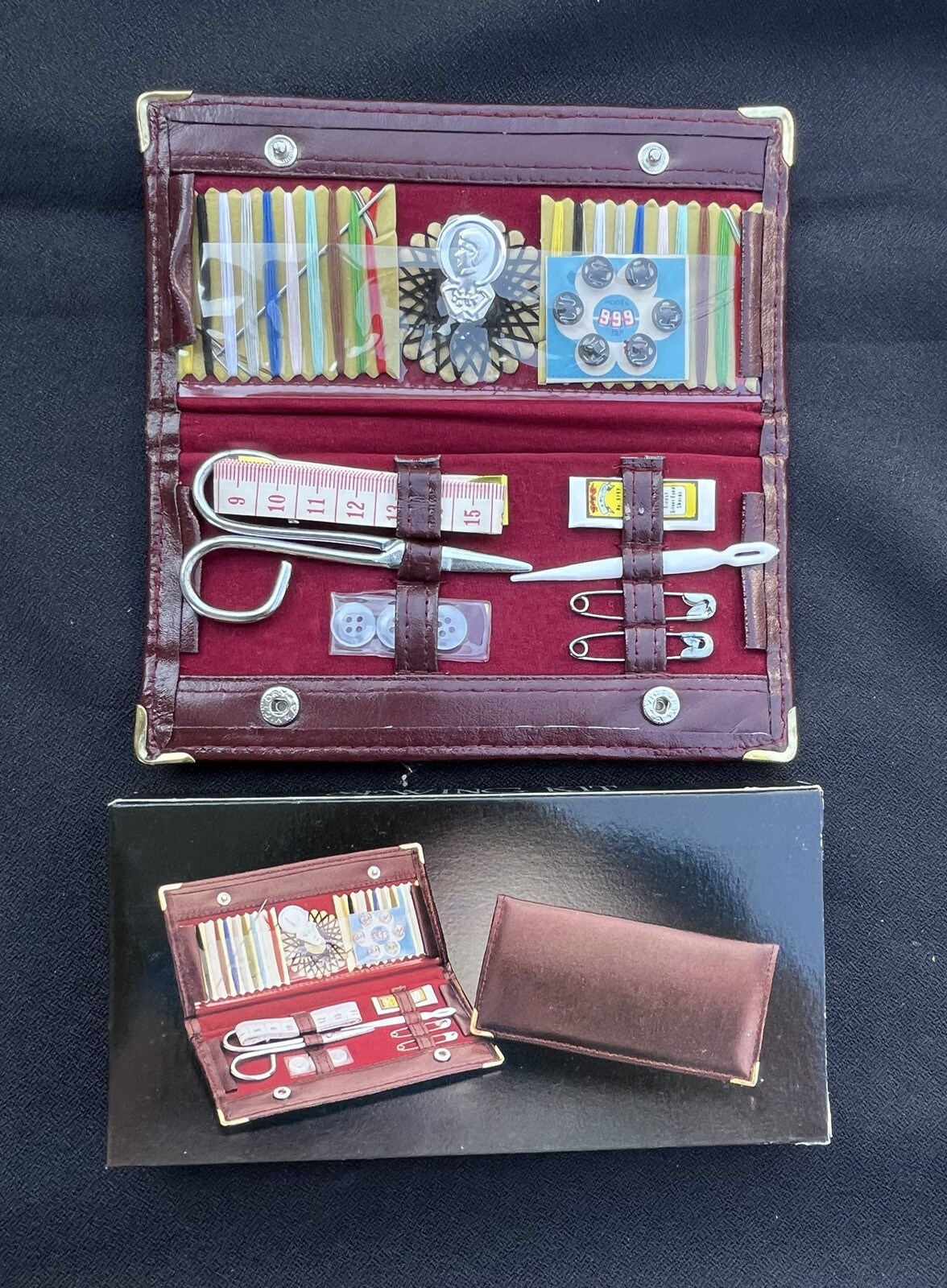 1960’s NEW Sewing Kit, Etui Leather Purse Travel Sewing Stitching Kit NOS