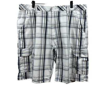 WRANGLER Cargo Shorts Men's Size 38 x 10 Gray Blue Plaid 100% Cotton Loose Baggy