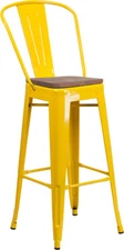 30" Industrial Style Yellow Metal Bar Height Restaurant Stool with Wood Seat