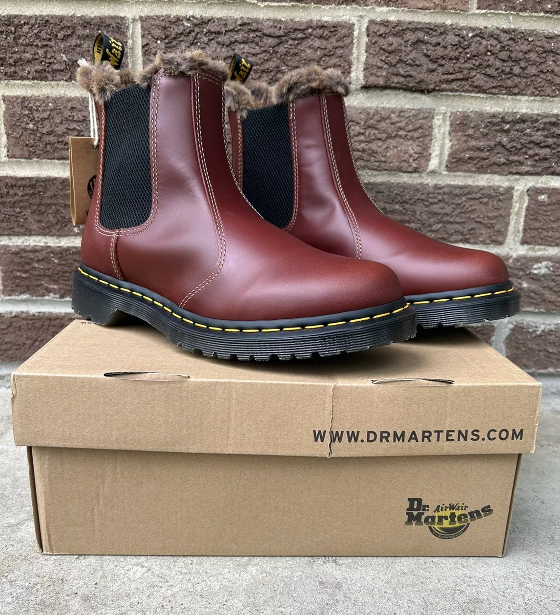 New Dr Martens 2976 Red Brown Leonore Abruzzo WP Fur Lined Chelsea