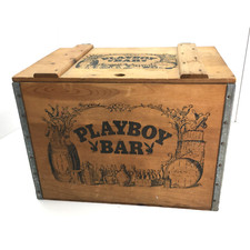 Vintage Playboy Club Wood Wooden Bar Box Wine Crate w/ Swing Open Hinged Lid