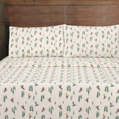 Mainstays 3-Piece Flannel Sheet Set, Ski pine trees, Twin Size NWT