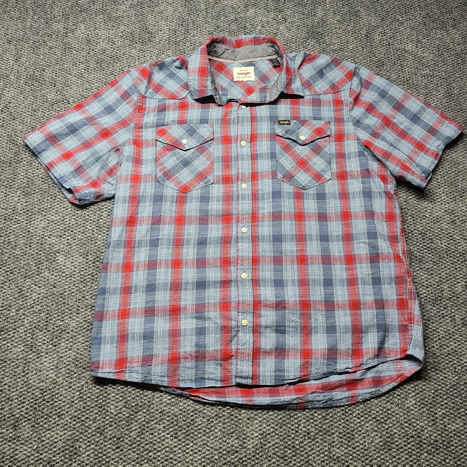 Wrangler Premium Quality Button Up Ranch Shirt Men XL Blue Plaid Short Sleeve