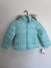 SO Girls Puffer Jacket Mint Hooded Removable Faux Fur Water Resistant Size 6/6X