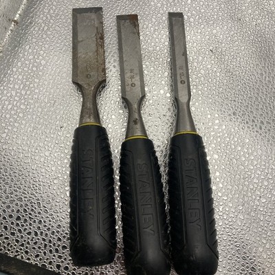 Vintage 3 Pc STANLEY WOOD CHISEL SET - Black Handle 1/2'', 3/4'' & 1''