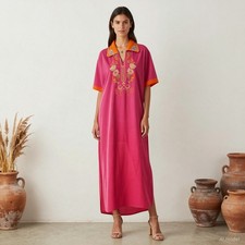 Vintage Boho Maxi Dress Pink Yellow Floral Cotton Shift Collared XL
