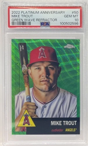 2022 TOPPS CHROME PLATINUM ANV GREEN WAVE REFRACTOR #50 MIKE TROUT #94/99 PSA 10