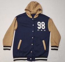SHEIN S Letter Patched Blue Beige Hooded VarsityJacket Snap Button Adult College