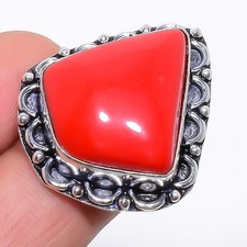 Coral Gemstone 925 Sterling Silver Ring Size 6.5 C900
