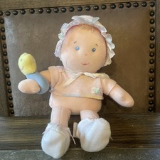 Vintage Eden Plush Dressable Blonde Baby Doll Rattle Pink Bonnet