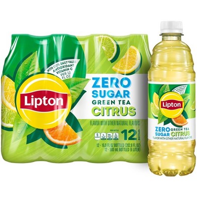 Lipton Zero Sugar Iced Tea, Green Tea Citrus, 16.9 fl Fl Oz (Pack of 12)