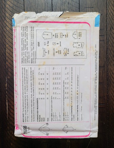 Vintage Simplicity Men's Western Style Shirt Pattern #7698 Size 40 CUT/INC - Picture 2 of 6