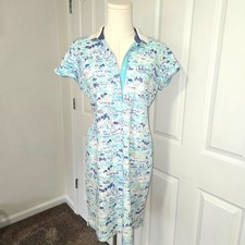 Talbots Polo Dress Womens Medium Blue White Coastal Tropical Pique Short Sleeve