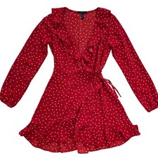 FOREVER 21 Dark Red Polka Dot Ruffle Wrap Dress