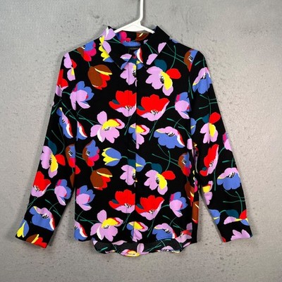 Halogen Womens Size XS Petite Floral Button-Down BlouseBlack Multicolor