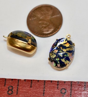 VINTAGE 2 BLACK OPALESCENT OVAL PENDANT  12x18mm BEAUTIFUL GLASS OPAL EFFECT