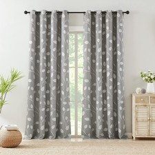 Gray White Leaf Curtain Party Living Room Grommet Top Window Treatments Linen...