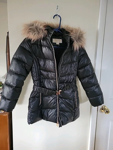 Giacca PUFFER bambina 7 8 Michael Kors media lunghezza con cintura rosa pelliccia cappuccio bordato