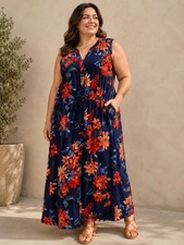 Talbots Dress 16 Petite Blue Floral Maxi Sleeveless Button Up Shirt Plus Size