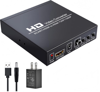 Scart/ Hdmi to Hdmi Video Converter Box 1080P Scaler 3.5Mm & Coaxial Audio Out