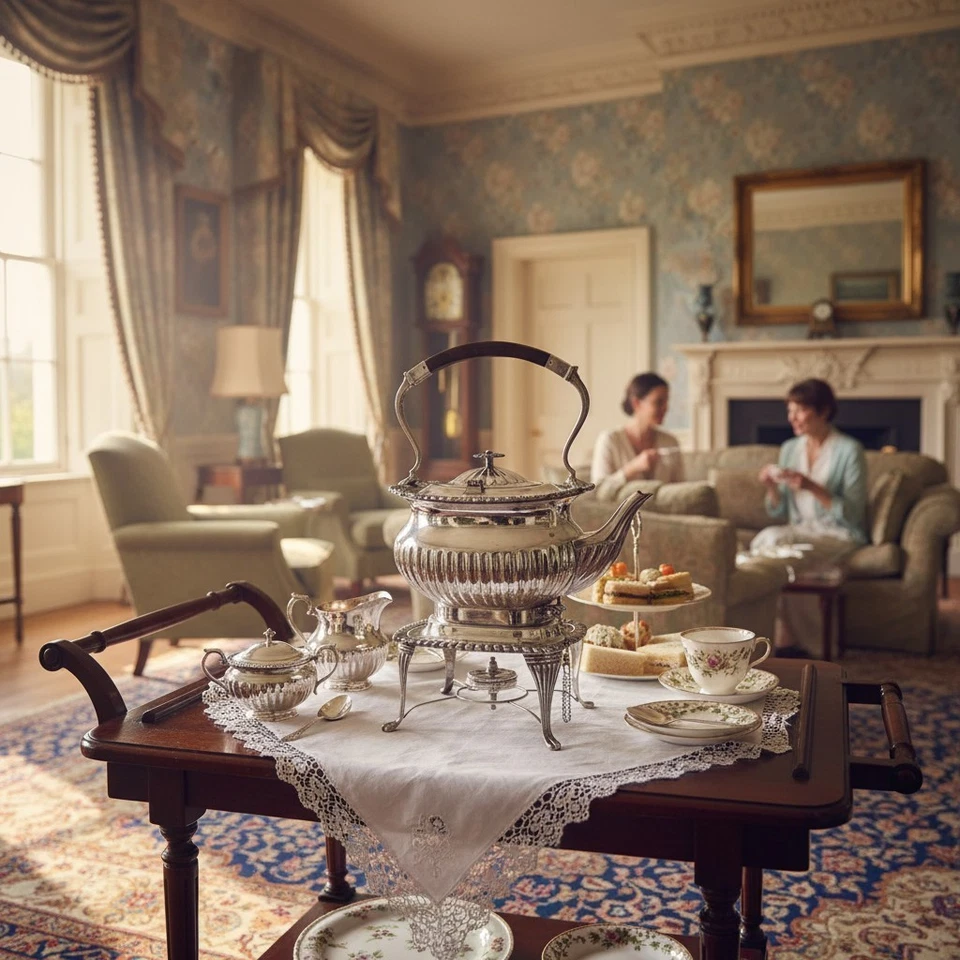 Antico Samovar + Spiritiera Originale - Sbalzato e Cesellato, Argento Sheffield - Immagine 3 di 4