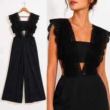 ASOS Black Lace Cutout Wide Leg Jumpsuit Romper V Neck 6 Minimalist Whimsigoth