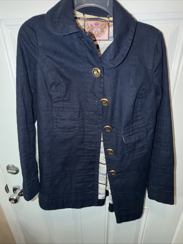 Juicy Couture Navy Blue Jacket Long Coat Vintage Brass Ship Button Size Small