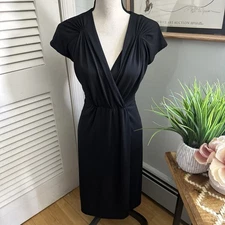 Talbots Dress Womens Medium Black Faux Wrap Classic Cocktail Slinky Stretch Knit
