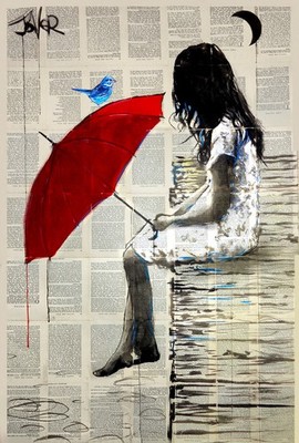 Epiphany by Loui Jover Art Print Lady in Red Umbrella Bird Romantic Poster 11x14